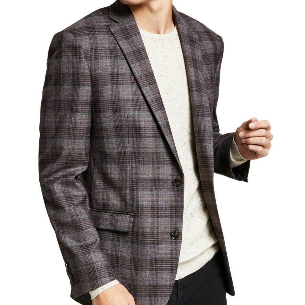 Bar III Mens Blazer Slim Fit Gray Brown Plaid Size 38L